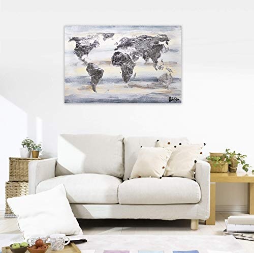 KunstLoft Acryl Gemälde Globe Glamour 90x60cm | original handgemalte Leinwand Bilder XXL | Reise Welt-Karte Grau | Wandbild Acryl bild moderne Kunst einteilig mit Rahmen