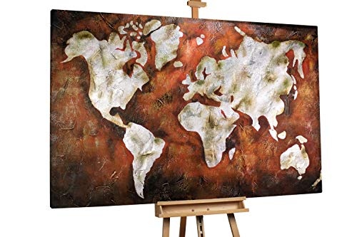 KunstLoft® XXL Gemälde Shiny Continents 180x120cm | original handgemalte Bilder | Weltkarte Vintage Kontinent Braun Orange | Leinwand-Bild Ölgemälde einteilig groß | Modernes Kunst Ölbild