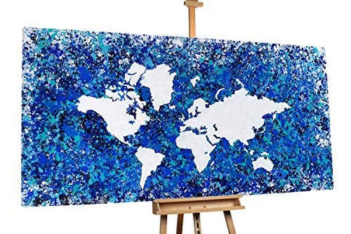 KunstLoft XXL Gemälde Blauer Planet 200x100cm | Original handgemalte Bilder | Weltkarte Türkis Blau Weiß | Leinwand-Bild Ölgemälde Einteilig groß | Modernes Kunst Ölbild