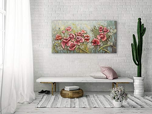 KunstLoft Extravagantes Metallbild 3D Aufgeblüht 120x60x6cm | Design Wanddeko XXL handgefertigt | Unikat Luxus Wandskulptur | Blumen Rosa Grün | Wandbild Relief modern