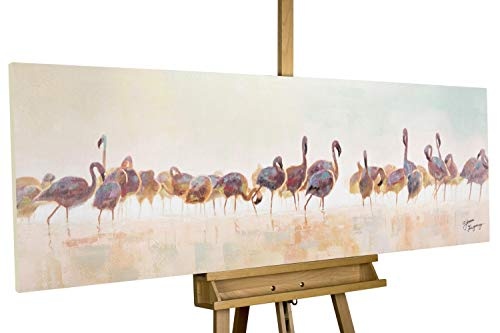 KunstLoft® Acryl Gemälde Bad der Flamingos 150x50cm | original handgemalte Leinwand Bilder XXL | Flamingo Vogel Beige Bunt Deko | Wandbild Acrylbild moderne Kunst einteilig mit Rahmen