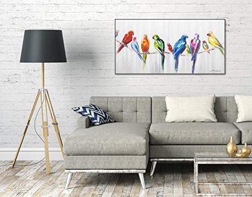 KunstLoft® Acryl Gemälde Bunte Freundschaft 120x60cm | original handgemalte Leinwand Bilder XXL | Papageien Vögel Weiß Bunt | Wandbild Acrylbild Moderne Kunst einteilig mit Rahmen