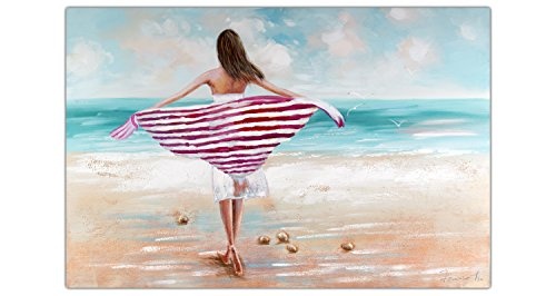 KunstLoft® Gemälde Salty Sea Breeze in 120x80cm | XXL Leinwandbild handgemalt | Frau am Strand beim Strandspaziergang | signiertes Wandbild-Unikat | Acrylgemälde auf Leinwand | Modernes Kunstbild | Sehr großes Acrylbild auf Keilrahmen