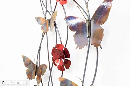 Extravagante KunstLoft® Metall Wandskulptur Schmetterlingsband 48x134x8cm | Design Wanddeko XXL handgefertigt | Luxus Metallbild Wandrelief | Schmetterling & Blüten filigran in Rot | Wandbild modern