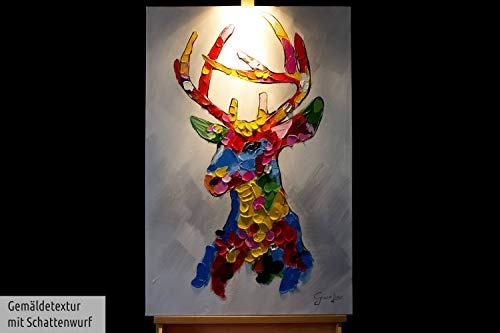 KunstLoft Acryl Gemälde Kunterbunter Platzhirsch 60x90cm | original handgemalte Leinwand Bilder XXL | Bunter Hirsch mit Geweih für die Wand | Wandbild Acrylbild moderne Kunst einteilig mit Rahmen