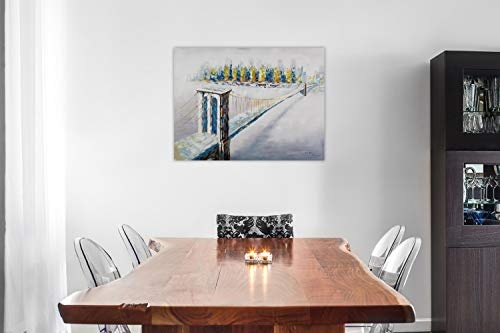 KunstLoft® Acryl Gemälde Beyond the Brooklyn Bridge 80x60cm | original handgemalte Leinwand Bilder XXL | New York Motiv Brooklyn Bridge Brücke Skyline | Wandbild Acrylbild moderne Kunst mit Rahmen