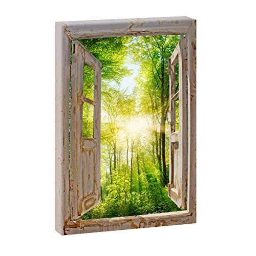 Fensterblick - Sonnenstrahlen im Wald | Panoramabild im XXL Format | Poster | Wandbild | Fotografie | Trendiger Kunstdruck auf Leinwand | Verschiedene Formate (Farbig, 120 cm x 80 cm | Hochformat)