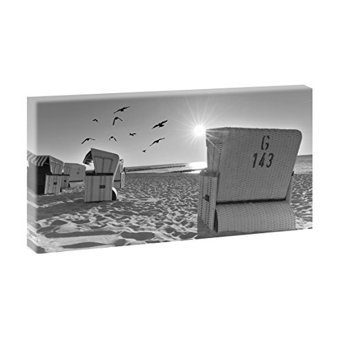 Strandkörbe am Strand | Panoramabild im XXL Format | Poster | Wandbild | Fotografie | Trendiger Kunstdruck auf Leinwand | Verschiedene Farben und Größen (160 cm x 80 cm, Schwarz-Weiß)