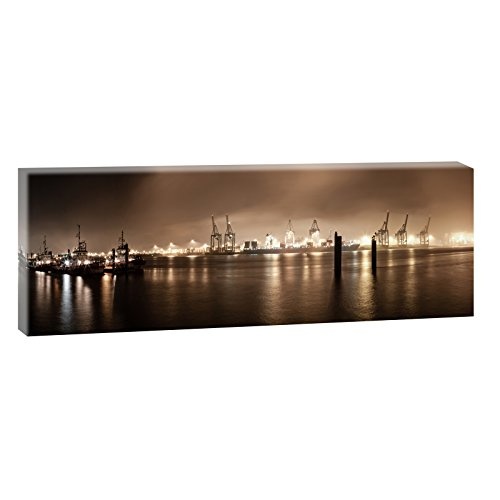 Hamburg - Hafenpanorama bei Nacht | Panoramabild im XXL Format | Trendiger Kunstdruck auf Leinwand | Verschiedene Größen (120 cm x 40 cm)