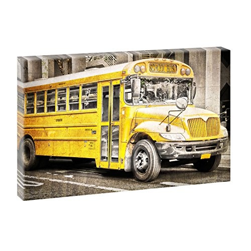 American School Bus | Panoramabild im XXL Format | Kunstdruck auf Leinwand | Wandbild | Poster | Fotografie | Verschiedene Formate und Farben (100 cm x 65 cm , Farbig)