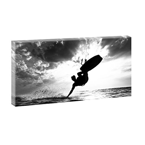Kite Surfer | Panoramabild im XXL Format | Poster | Wandbild | Fotografie | Trendiger Kunstdruck auf Leinwand | Verschiedene Farben und Größen (160 cm x 80 cm, Schwarz-Weiß)