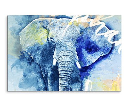 Bild Leinwand 120x80cm Mächtiger Elefant in Blautönen mit Kalligraphie