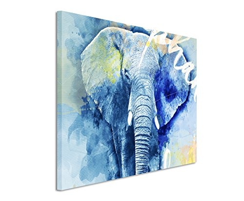 Bild Leinwand 120x80cm Mächtiger Elefant in Blautönen mit Kalligraphie