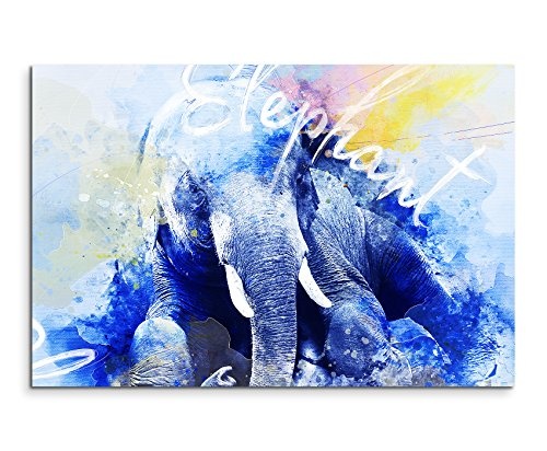 Bild Leinwand 120x80cm Sitzender Elefant in Blautönen mit Kalligraphie