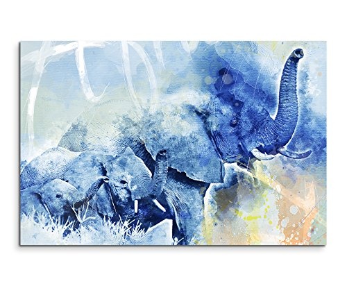 Bild Leinwand 70x40cm Süße Elefantenfamiliein Blautönen mit Kalligraphie