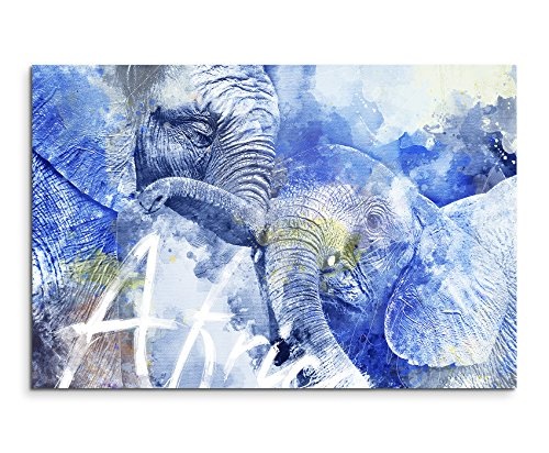 Bild Leinwand 70x40cm Elefantenmutter mit Kind in Blautönen mit Kalligraphie