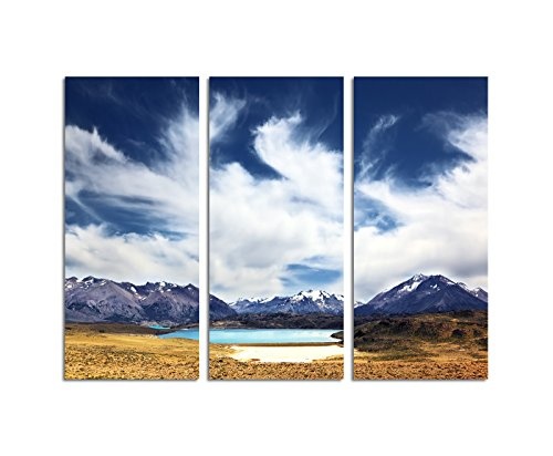 130x90cm - KUNSTDRUCK Tal Berge See Argentinien Wind 3teiliges Wandbild auf Leinwand und Keilrahmen - Fotobild Kunstdruck Artprint