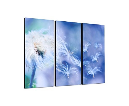 130x90cm - KUNSTDRUCK Pusteblume Wind verträumt blau 3teiliges Wandbild auf Leinwand und Keilrahmen - Fotobild Kunstdruck Artprint