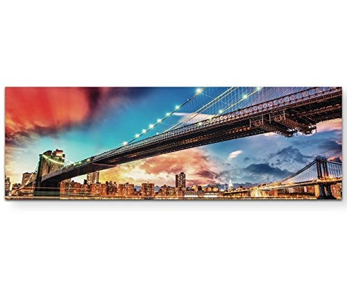 Paul Sinus Art Leinwandbilder | Bilder Leinwand 120x40cm Brooklyn und Manhattan Bridge Bei Sonnenuntergang