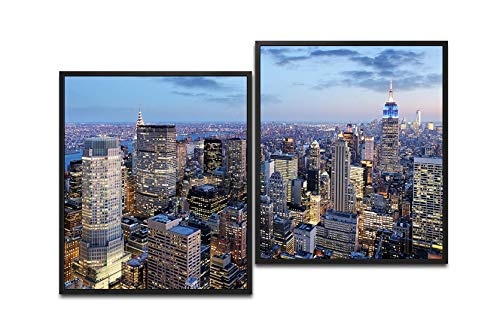 Paul Sinus Art New York in der Nacht 130 x 90 cm (2 Bilder ca. 75x65cm) Leinwandbilder fertig im Schattenfugenrahmen SCHWARZ Kunstdruck XXL modern