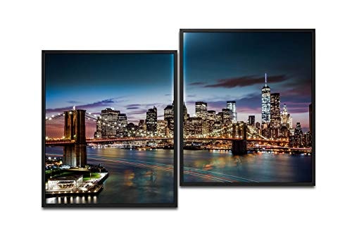 Paul Sinus Art New York City Skyline 130 x 90 cm (2 Bilder ca. 75x65cm) Leinwandbilder fertig im Schattenfugenrahmen SCHWARZ Kunstdruck XXL modern