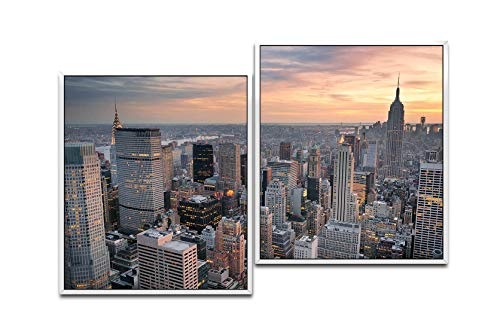 Paul Sinus Art New York Skyline 130 x 90 cm (2 Bilder ca. 75x65cm) Leinwandbilder fertig im Schattenfugenrahmen Weiss Kunstdruck XXL modern