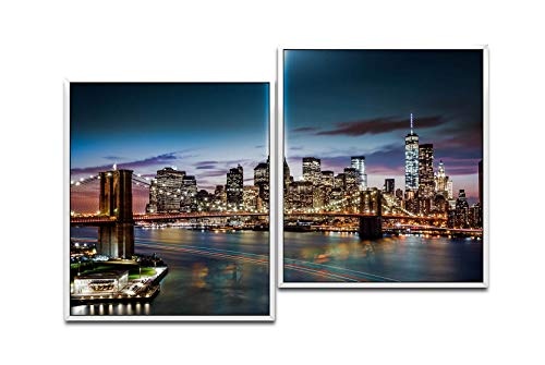 Paul Sinus Art New York City Skyline 130 x 90 cm (2 Bilder ca. 75x65cm) Leinwandbilder fertig im Schattenfugenrahmen Weiss Kunstdruck XXL modern