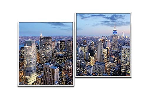 Paul Sinus Art New York in der Nacht 130 x 90 cm (2 Bilder ca. 75x65cm) Leinwandbilder fertig im Schattenfugenrahmen Weiss Kunstdruck XXL modern