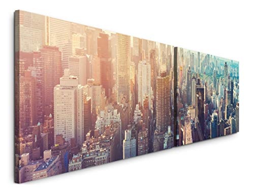 Paul Sinus Art New York Abenddämmerung 180x50cm - 2 Wandbilder je 50x90cm - Kunstdrucke - Wandbild - Leinwandbilder fertig auf Rahmen