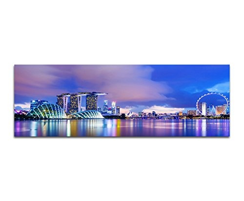 Paul Sinus Art Panoramabild auf Leinwand und Keilrahmen 150x50cm Singapur Skyline Meer Abend Spiegelung