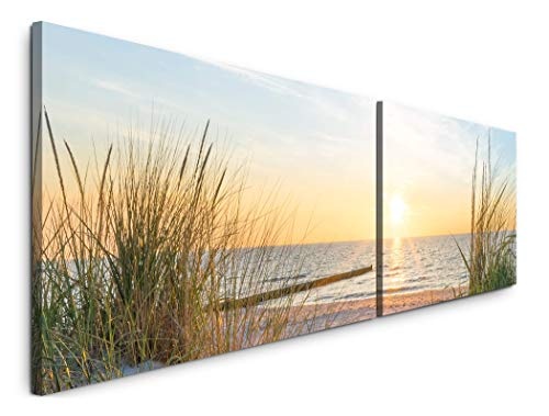 Paul Sinus Art Sonnenuntergang an der Ostsee 180x50cm - 2 Wandbilder je 50x90cm - Kunstdrucke - Wandbild - Leinwandbilder fertig auf Rahmen