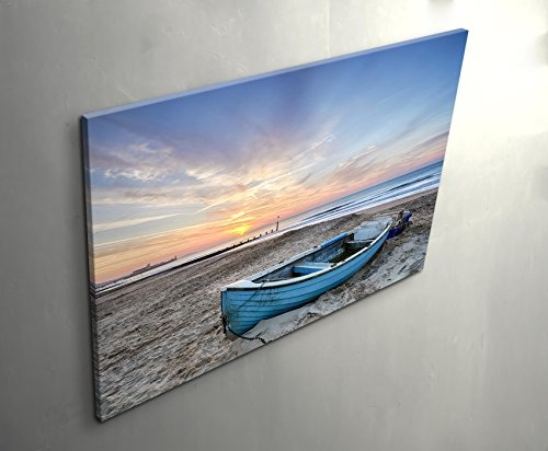 Paul Sinus Art Leinwandbilder | Bilder Leinwand 120x80cm türkisblaues Fischerboot Bei Sonnenaufgang