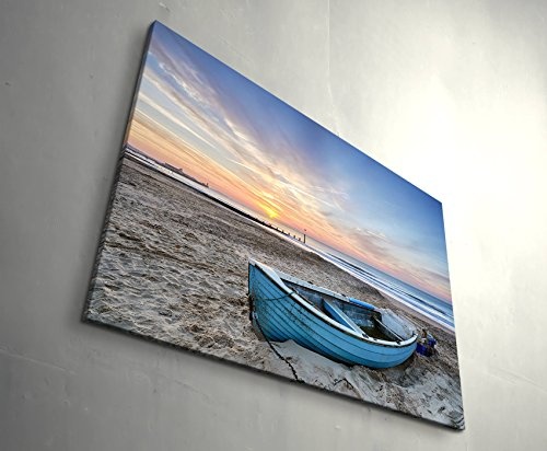 Paul Sinus Art Leinwandbilder | Bilder Leinwand 120x80cm türkisblaues Fischerboot Bei Sonnenaufgang