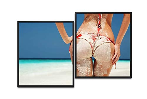 Paul Sinus Art Frauenpo bedeckt mit Sand 130 x 90 cm (2 Bilder ca. 75x65cm) Leinwandbilder fertig im Schattenfugenrahmen SCHWARZ Kunstdruck XXL modern