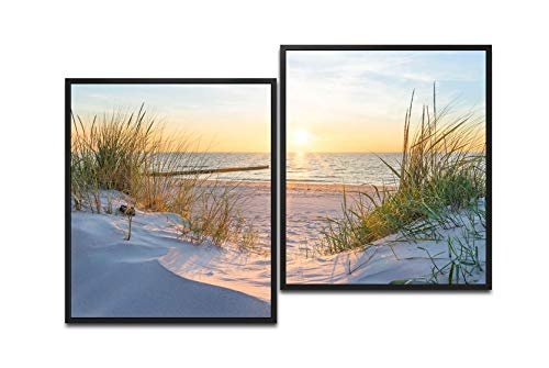 Paul Sinus Art Sonnenuntergang an der Ostsee 130 x 90 cm (2 Bilder ca. 75x65cm) Leinwandbilder fertig im Schattenfugenrahmen SCHWARZ Kunstdruck XXL modern