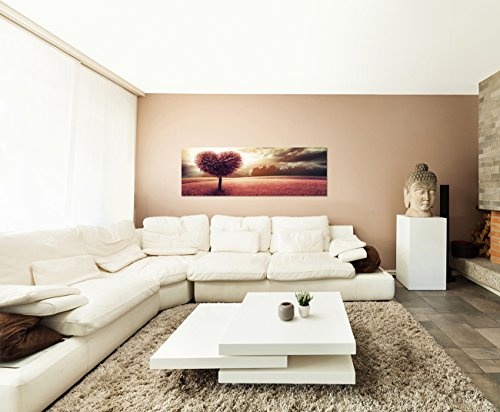 Paul Sinus Art Panoramabild auf Leinwand und Keilrahmen 150x50cm Wiese Baum Herz abstrakt Wolkenhimmel