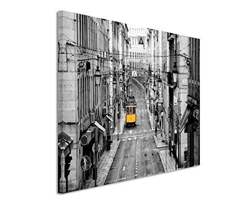 Paul Sinus Art Kunstfoto auf Leinwand 60x40cm Naturfotografie - Gelbe Straßenbahn in Lissabon, Portugal auf Leinwand Exklusives Wandbild Moderne Fotografie für Ihre Wand in Vielen Größen
