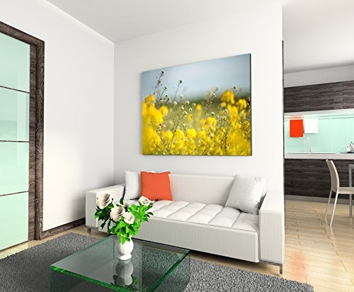 Paul Sinus Art Kunstfoto auf Leinwand 60x40cm Landschaftsfotografie - Wiese mit Gelben Blumen auf Leinwand Exklusives Wandbild Moderne Fotografie für Ihre Wand in Vielen Größen