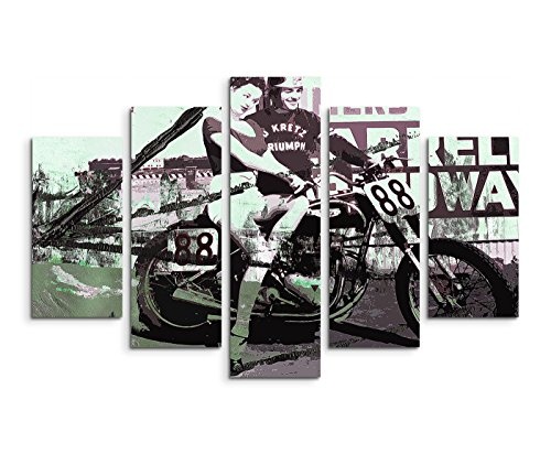 5 teiliges Wandbild auf Leinwand (Gesamt: H: 100cm B: 160cm) Keilrahmenbild Canvas Fotodruck Leinwandbild Leinwanddruck Kunstdruck Wandbild Motorrad Frau schwarz grün