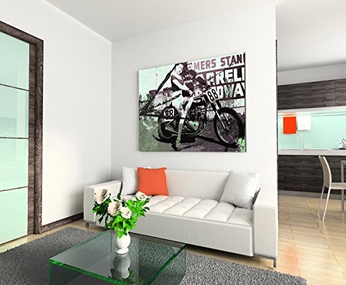 80x60cm Fotoleinwand Leinwanddruck Kunstdruck Wandbild Motorrad Frau schwarz grün