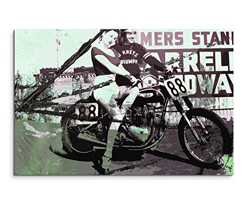 120x80cm Leinwandbild Leinwanddruck Kunstdruck Wandbild Motorrad Frau schwarz grün