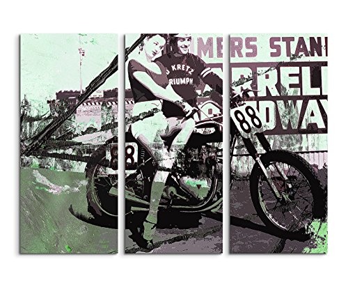 3x40x90cm (Gesamt: H: 90cm B: 130cm) Leinwandbild Leinwanddruck Kunstdruck Wandbild Motorrad Frau schwarz grün