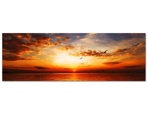 Paul Sinus Art Panoramabild auf Leinwand und Keilrahmen 120x40cm Meer Strand Sonnenuntergang Wolkenschleier
