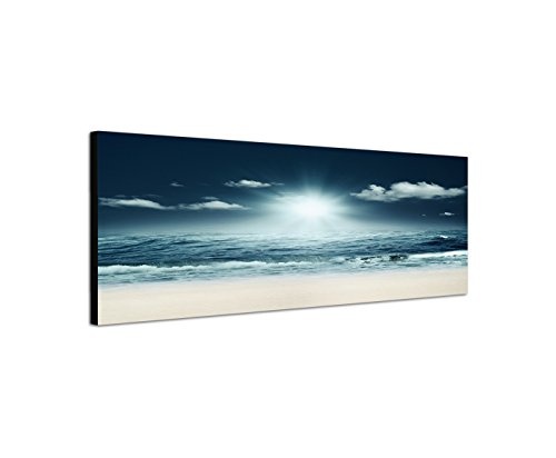 Paul Sinus Art Panoramabild auf Leinwand und Keilrahmen 150x50cm Strand Meer Wellen Licht Nacht abstrakt