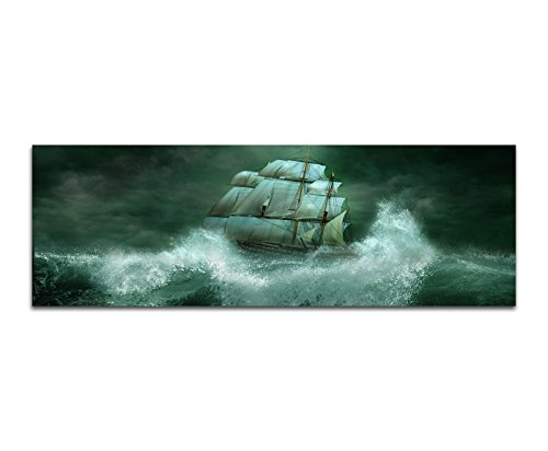 Paul Sinus Art Panoramabild auf Leinwand und Keilrahmen 150x50cm Meer Wellen Sturm Segelschiff Nacht