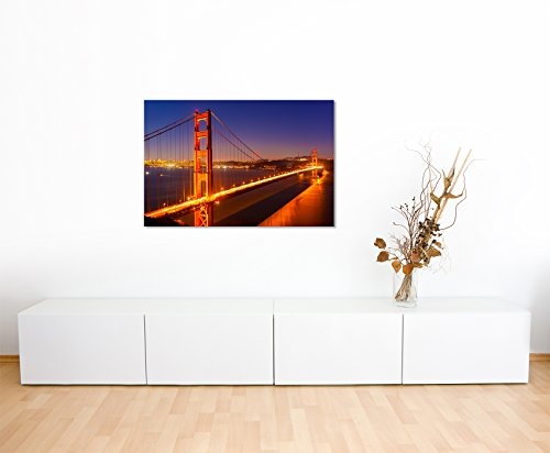 Paul Sinus Art Kunstfoto auf Leinwand 60x40cm Urbane Fotografie - Golden Gate Bridge Bei Nacht auf Leinwand Exklusives Wandbild Moderne Fotografie für Ihre Wand in Vielen Größen
