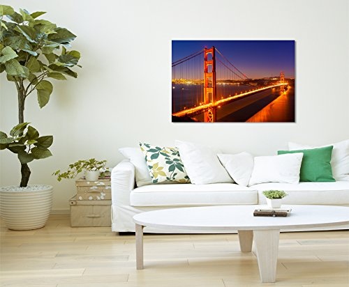 Paul Sinus Art Kunstfoto auf Leinwand 60x40cm Urbane Fotografie - Golden Gate Bridge Bei Nacht auf Leinwand Exklusives Wandbild Moderne Fotografie für Ihre Wand in Vielen Größen