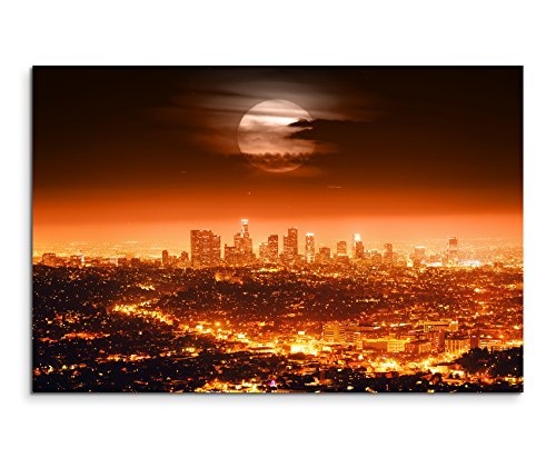 Paul Sinus Art Kunstfoto auf Leinwand 60x40cm Urbane Fotografie - Dramatischer Vollmond über Los Angeles, USA auf Leinwand Exklusives Wandbild Moderne Fotografie für Ihre Wand in Vielen Größen