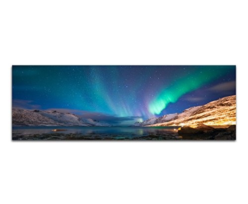 Panoramabild auf Leinwand und Keilrahmen 150x50cm Norwegen See Berge Nacht Polarlichter