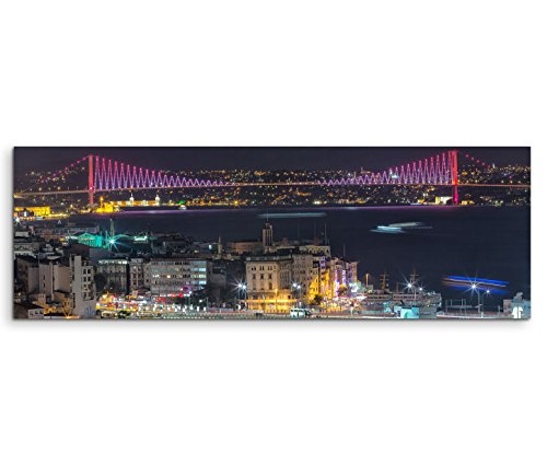 150x50cm Leinwandbild auf Keilrahmen Istanbul Bosporus Brücke Nacht Lichter Wandbild auf Leinwand als Panorama
